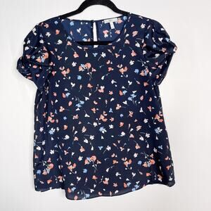 Joie XSmall XS Navy Blue Floral Gathered Sleeve Blouse Top Keyhole Back Scoop